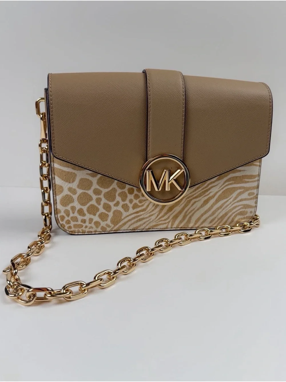 Michael Kors Tan Animal Print Leather Crossbody Shoulder Bag Gold Chain